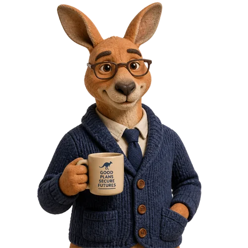 Monty in a cardigan holding a mug